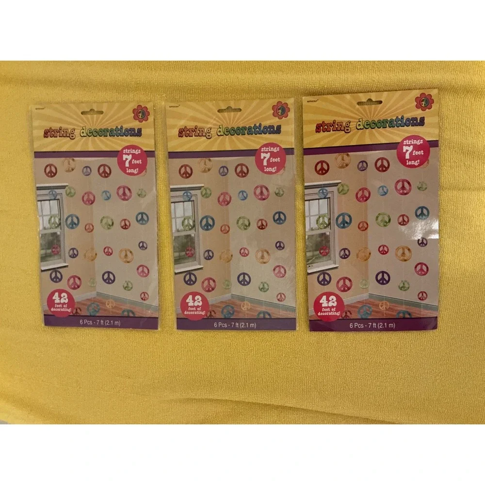 Peace Sign‎ String Decorations 3pk Multicolor 60s Retro 7ft New Groovy Party